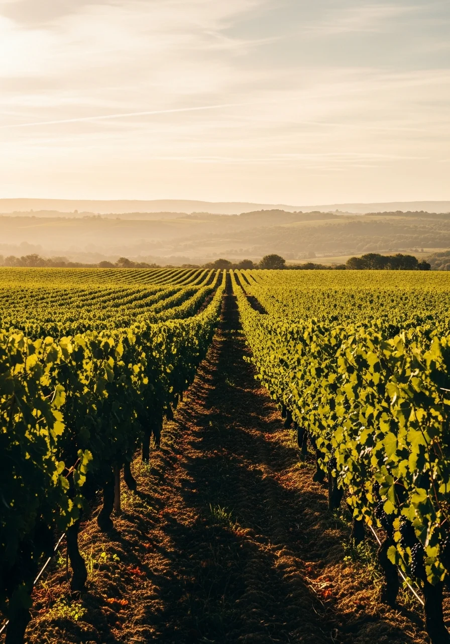 Paysage de vignobles méditerranéens dans l'Hérault au coucher de soleil