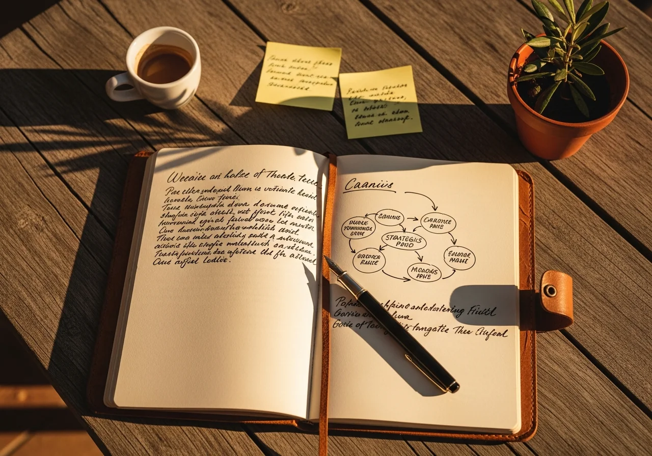 Carnet de stratégie ouvert avec stylo plume et post-it — atelier Hegemonia