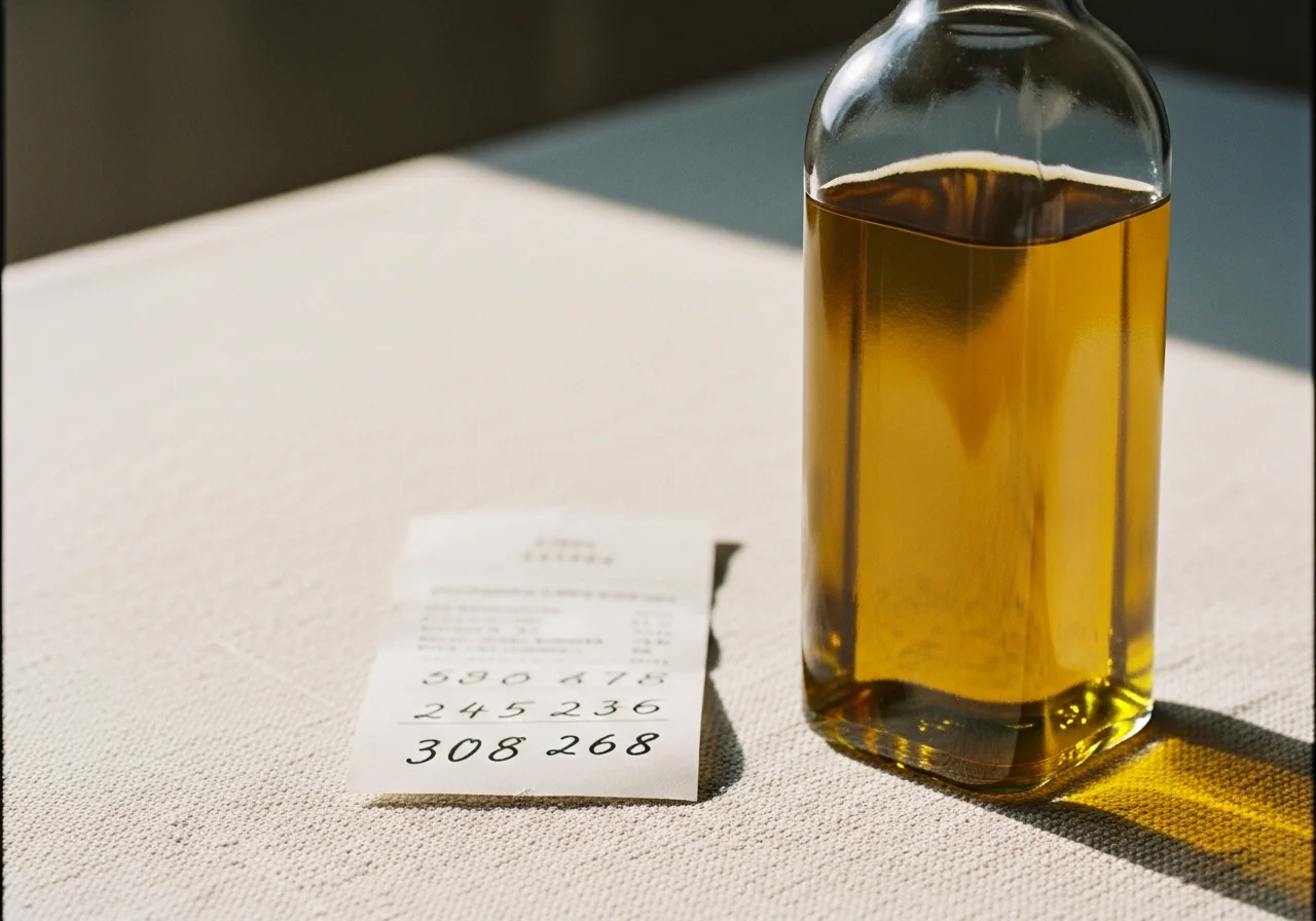 Huile d'olive dorée et note manuscrite — transparence radicale Hegemonia