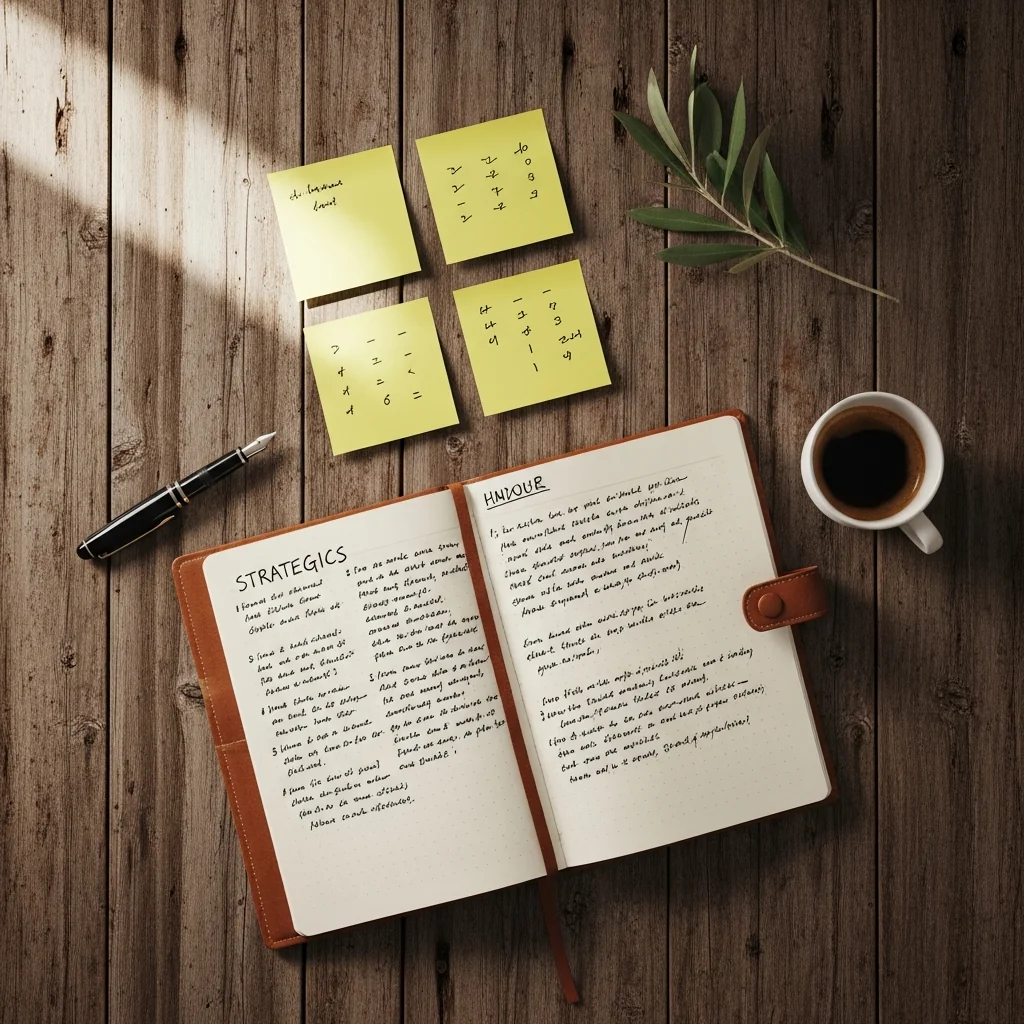 Atelier stratégique : cahier ouvert, post-it, stylo plume sur table en bois — Hegemonia